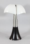 Gae Aulenti. A brushed steel Pipistrello lamp, with opaque plastic shade, by Matrinelli Luce,