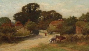 Henry John Yeend King (1855-1924)oil on canvas,Cattle and figure on a lane,signed and dated `97,12 x