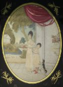 A George III embroidered silk panel, of two girls, in verre eglomise frame, 16 x 13.5in.