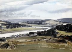 § Rowland Hilder (1905-1993)watercolour and ink,`The Medway, near Rochester`,RI label verso,