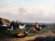 Eugene Verboeckhoven (1798-1881)oil on wooden panel,Chickens feeding in a landscape,signed,9.5 x