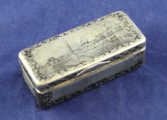 A 19th century Russian 84 zolotnik silver and niello rectangular snuff box, the lid decorated with a