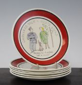 A set of six Fougasse `Careless talk costs lives` plates, each hand painted with red and black