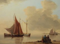 After Thomas Lunyoil on wooden panel,Dutch fishing vessels at low tide,bears signature,13.5 x 17in.