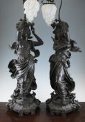 A large pair of spelter figural gas lamps, modelled as maidens supporting flaming frosted glass