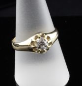 An 18ct gold claw set solitaire diamond ring, the stone approximately 0.75ct, size S.