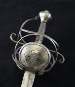 A mid 18th century European steel rapier, with 36 inch blade, pierced guards, wire bound grip and