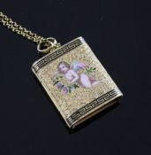 An early 20th century continental gold and polychrome enamel envelope portrait locket on gold chain,