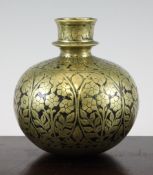 A Mughal brass huqqa base, India, 18th century, the globular body engraved with panels of flowers