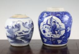 A Chinese blue and white ovoid jar, late 19th century, painted with reserves of a lady and