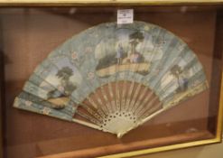 A French carved and pierced ivory fan, c.1800, the panel decorated with three cartouches depicting