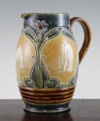 A Doulton, Lambeth stoneware `cricketers` jug, c.1900, of barrel form with three reserves of a