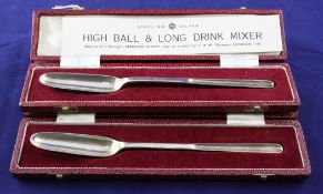 Two cased modern silver marrow scoops, retailed as `High Ball and Long Drink Mixers`, Francis Howard
