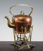 A Gebruder Bing Nuremberg copper and brass Secessionist kettle on stand, stamped, 11.5in.