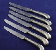 Five 1960`s silver pistol handled table knives and one dessert knife, A.Haviland-Nye, Sheffield,