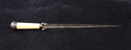 A 19th century Continental stiletto dagger, with 9.5 inch etched blade and ivory grip, 13in.