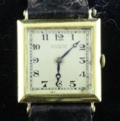 A gentleman`s 18ct gold Audemars, Piguet & Co dress wrist watch, with square Arabic dial, retailed