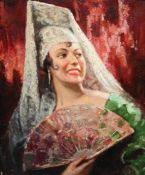 A. Bagileoil on canvas,Spanish woman holding a fan,signed,23 x 19in.