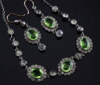 An antique green and white paste cluster necklace with matching drop earrings, necklace 15.5in.