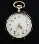 A lady`s early 20th century Swiss 14ct gold, guilloche enamel and diamond set fob watch, with Arabic
