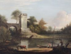 18th century Italian Schooloil on canvas,Italianate landscape with figures loading a boat,16 x 20.