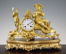 A 19th century French ormolu mantel clock, surmounted with a gardener and putto, with Sevres style