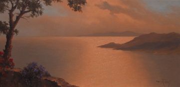 Mario Rossi (1958-)oil on canvas,Sunset off the Italian coast,signed,15 x 30.5in.