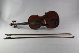 A German copy of a Maggini violin, with 14 inch two piece birds eye maple back, and two bows