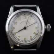 A boy`s size 1930`s stainless steel Rolex Oyster wrist watch, with Arabic dial and case back