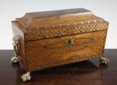 A George III brass inlaid rosewood documentary tea caddy, the underside of the lid with a painted