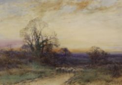 Henry John Sylvester Stannard (1870-1951)watercolour,Sheep on a country lane at sunset,signed,9.25 x