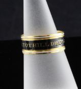 A George III enamelled gold memorial ring, with black and white bands inscribed "Hester Tothill died