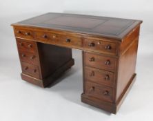 A Victorian mahogany pedestal desk, with leather inset top and nine drawers on plinth base, 2ft 4ins