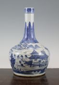 A Chinese blue and white bottle vase, Daoguang period, painted with river landscape scenes, the