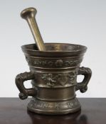 A 16th century German bronze mortar, inscribed with two bands ANNO DOMINI MVCLXXV (1575) and "SPES