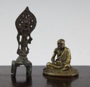 Two Chinese bronze figures, the first cast as a seated Luohan holding a bowl, 2.5in., the second a