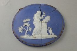A Wedgwood blue jasper oval cameo plaque and five others, late 18th / early 19th century, one