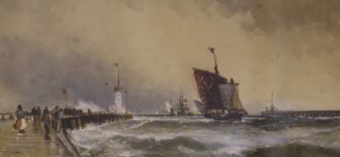 Frank Henry Mason (1875-1965)watercolour and gouache,Entrance to Calais harbour,signed,7 x 13.75in.