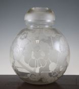 A large French Art Deco etched glass vase, c.1925, of globular form decorated with stylised