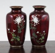 A pair of Japanese `ginbari` cloisonne enamel vases, by Kumeno Teitaro, each decorated in silver