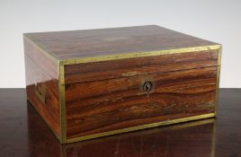 A William IV brass mounted rosewood work box, the internal tray with a Tunbridgeware banded