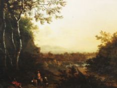 Late 18th century English Schooloil on wooden panel,Travellers in an extensive landscape,13 x 17in.