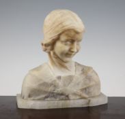 A Victorian carved alabaster bust of a maiden, on plinth base, unsigned, 10.25in.