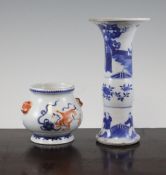 A Chinese blue and white beaker vase, Gu, late 19th century, painted with figures in a fence and