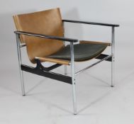 A pair of tan leather and chrome modernist armchairs (one a.f)