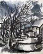 George Bissill (1896-1973)watercolour and ink,Figure and cottages in a winter landscape,signed,14.