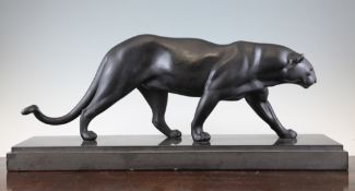 Rulas. An Art Deco painted spelter figure of a panther, on polished slate base, 28.5in.