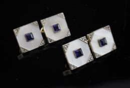 A pair of 1920`s 18ct gold, mother of pearl, sapphire and diamond set cufflinks, of square form.