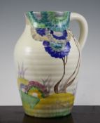 A Clarice Cliff `Rhodanthe` lotus jug, c.1934, printed Bizarre mark, moulded shape no.1515?, 9.5in.