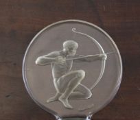 An R. Lalique glass Archer car mascot, moulded signature, with chrome mount, 4ins diameter